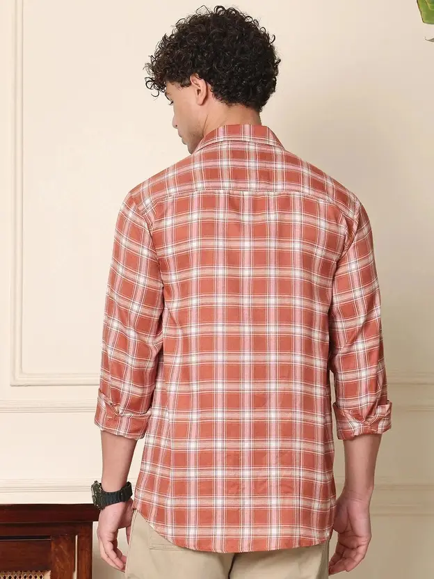 Men’s Slim Fit Checked Casual Shirt – Cotton Blend, Full Sleeve, Rust Orange 3