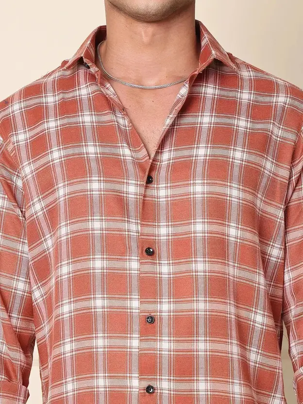 Men’s Slim Fit Checked Casual Shirt – Cotton Blend, Full Sleeve, Rust Orange 2