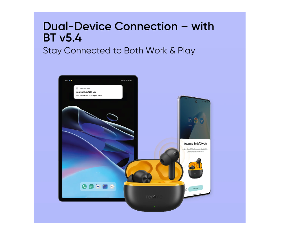 realme Buds T200 Lite with 12.4mm Driver, 48hrs Playback, AI ENC & Dual-Device Pairing Bluetooth Headset (Volt Black, True Wireless) 2