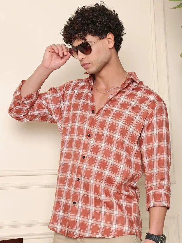 Men’s Slim Fit Checked Casual Shirt – Cotton Blend, Full Sleeve, Rust Orange 4