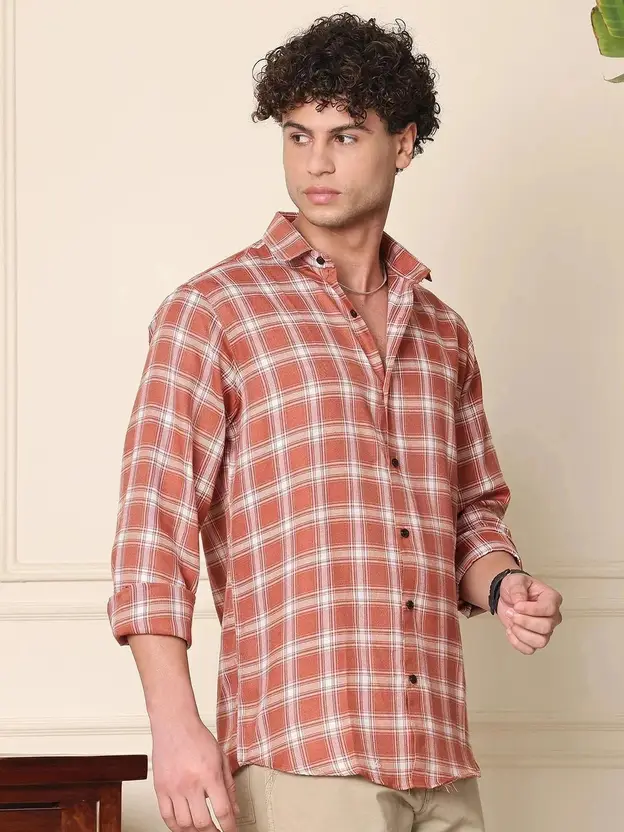 Men Red White Check Pattern shirt